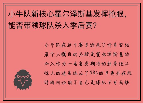 小牛队新核心霍尔泽斯基发挥抢眼，能否带领球队杀入季后赛？