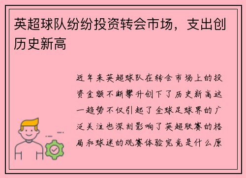 英超球队纷纷投资转会市场，支出创历史新高