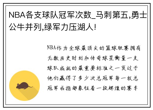 NBA各支球队冠军次数_马刺第五,勇士公牛并列,绿军力压湖人!
