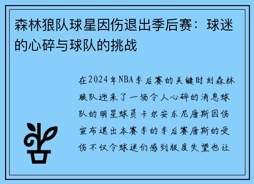 森林狼队球星因伤退出季后赛：球迷的心碎与球队的挑战